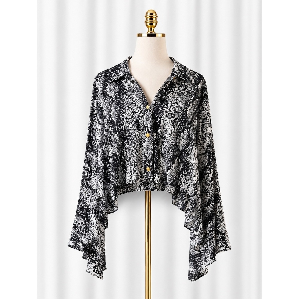 Akira Button Down Women M/L Black Snakeskin Print Cropped Wide Draped Sleeve